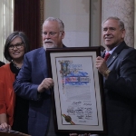 Achievement Michael Connelly with Bob Connely, Linda Connelly, Titus Veliver, Rick Jackson, and Tim Marcia receiving Los Angeles City Council honor on June 21, 2019. of Michael Connelly