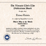 Achievement Marquis Who’s Who in the World certificate for Tabata as a subject of the biographical record, 1995 of Tatsuo Tabata