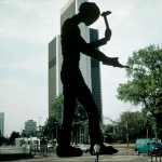 Achievement Hammering Man, 21 meters tall, painted steel
Permanent installation, Messeturm building, Frankfurt, Germany of Jonathan Borofsky