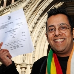 Achievement Science writer Simon Singh smiles outside the High Court, London, after he won his Court of Appeal battle for the right to rely on the defense of fair comment in a libel action.  of Simon Singh