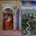 Achievement Miniature by Andrea da Firenze from an edition of Natural History by Pliny the Elder, c. 1457–58, showing Pliny writing in his study, with landscape and animals; in the British Library. of Pliny The Elder