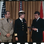 Achievement Alene Bertha Duerk is sworn in by Secretary of the Navy John Warner as the Navy's first woman Admiral, as Admiral Elmo Zumwalt, Chief of Navy Operations looks on here June 1st. Admiral Duerk will remain chief of the Navy Nurse Corps, where she commands both men and women. of Alene Duerk