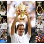 Achievement Roger Federer holds up the trophy for each of his nineteen men's singles Grand Slam titles from the first Wimbledon 2003. of Roger Federer