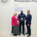 Achievement Hank Willis Thomas (center) with Aimia Curator and Director, Community Engagement Alden Hadwen (left) and the AGO’s CEO and Michael and Sonja Koerner Director Stephan Jost (right).‬ of Hank Willis
