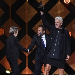 Achievement Honorees John Cale and Moe Tucker of The Velvet Underground with Marth Morrison accepting for husband Sterling Morrison onstage during the GRAMMY Salute to Music Legends at Beacon Theatre on July 11, 2017 in New York City.  of John Cale