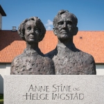 Achievement The bust by Anne Stine and Helge Ingstad standing at the entrance to L'Anse aux Meadows World Heritage Site on Newfoundland, Canada. of Helge Ingstad