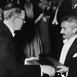 Achievement William Faulkner receives the 1949 Nobel Prize for literature from King Gustaf Adolf VI of Sweden. of William Faulkner