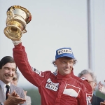 Achievement Niki Lauda with the trophy that he won at the 1984 British Grand Prix at Brands Hatch circuit in Kent, United Kingdom. Photo by Bob Thomas Sports Photography. of Niki Lauda