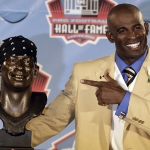 Achievement Deion Sanders with a bust of himself during the induction ceremony at the Pro Football Hall of Fame on August 6, 2011, in Canton, Ohio. of Deion Sanders