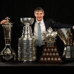 Achievement Alex Ovechkin of the Washington Capitals poses with the Maurice "Rocket" Richard Trophy, the Stanley Cup, the Conn Smythe Trophy and the Prince of Wales Trophy in the press room at the NHL Awards presented by Hulu at the Hard Rock Hotel & Casino, Las Vegas, Nevada. Photo by Bruce Bennett. of Alexander Ovechkin