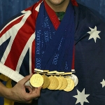 Achievement Ian Thorpe poses with the six gold medals and one silver medal he won during the Commonwealth Games, Manchester, United Kingdom. Photo by Stuart Hannagan. of Ian Thorpe
