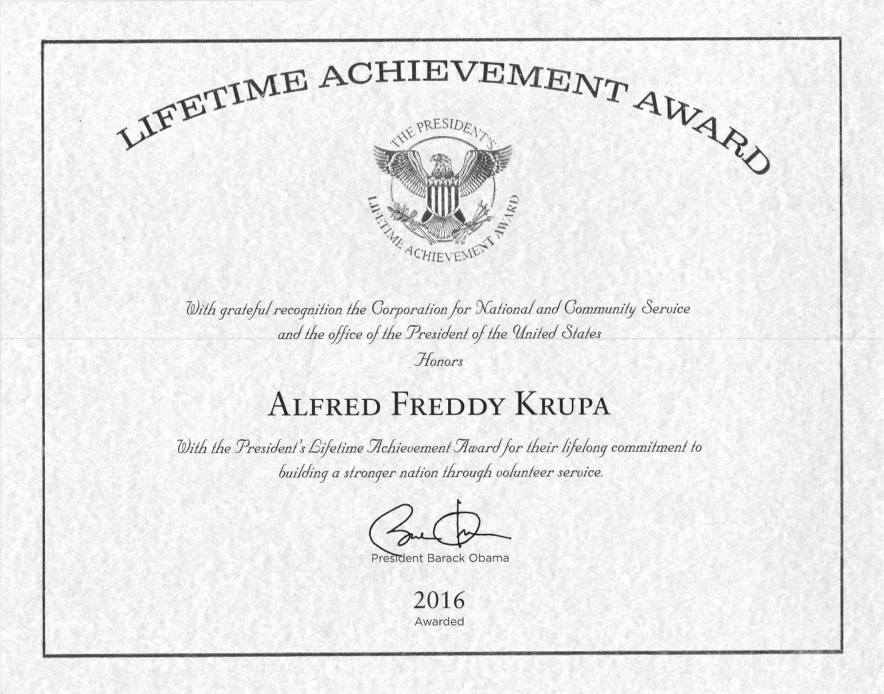 Lifetime Achievement Award 2016 by US President B. Obama