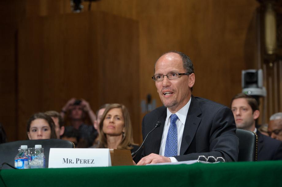 US Secretary of Labor Thomas Perez wearing a Washington Nationals baseball  jersey as he w…