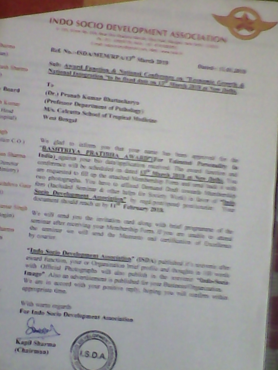 Rashtriya pratibha award of Indosocio Development Association new Delhi ( July 2018)