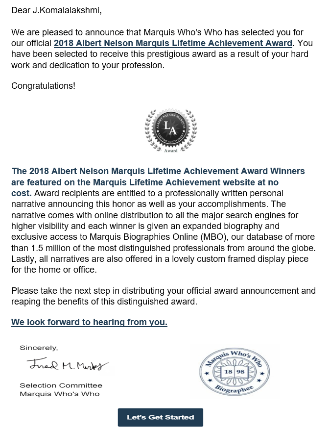 Marquis who is who Life time achievement award 2018