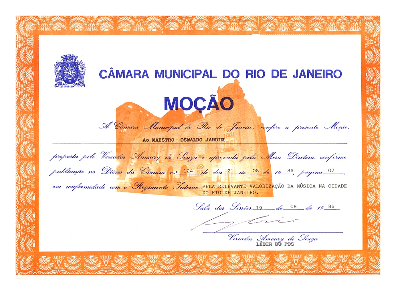 Moção de louvor (Award of Recognition), Câmara Municipal do Rio de Janeiro (Rio de Janeiro Town Hall), 1986